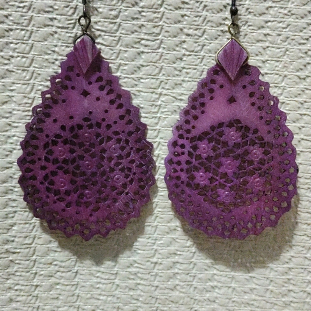 Vibrant Purple Filigree Wooden Teardrop Earrings